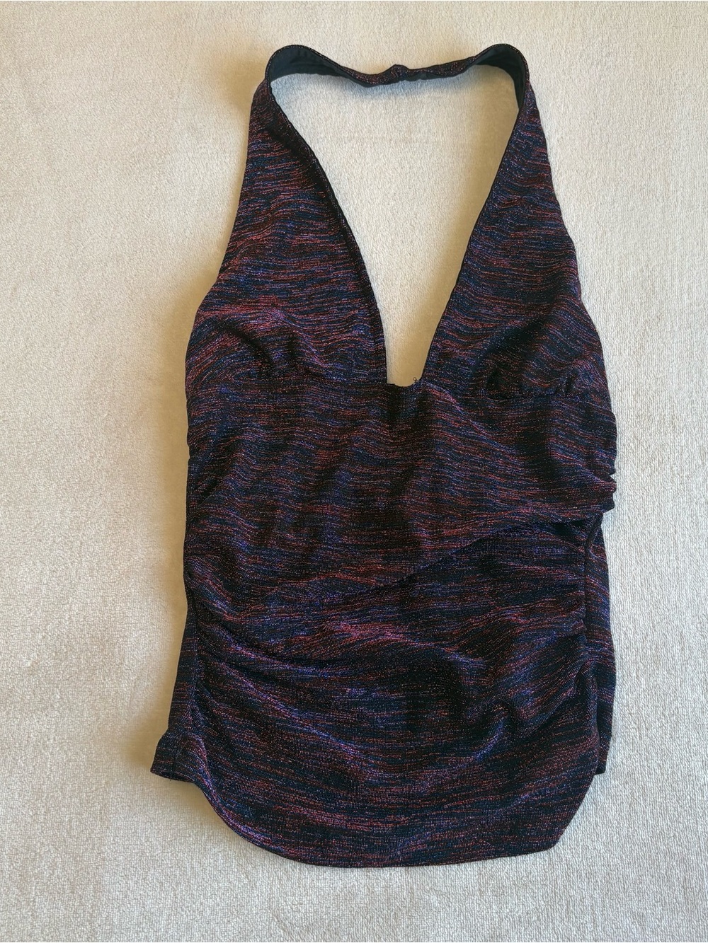 Motel Rocks Black and Purple Space-Thread Halter Camisole